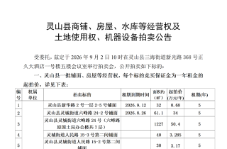 灵山县商铺、房屋、水库等经营权及 土地使用权、机器设备拍卖公告
