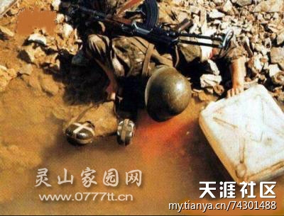 一名山东籍战 士，身负重伤为无法行动的队友取水。永远倒下，可以看到水有些红