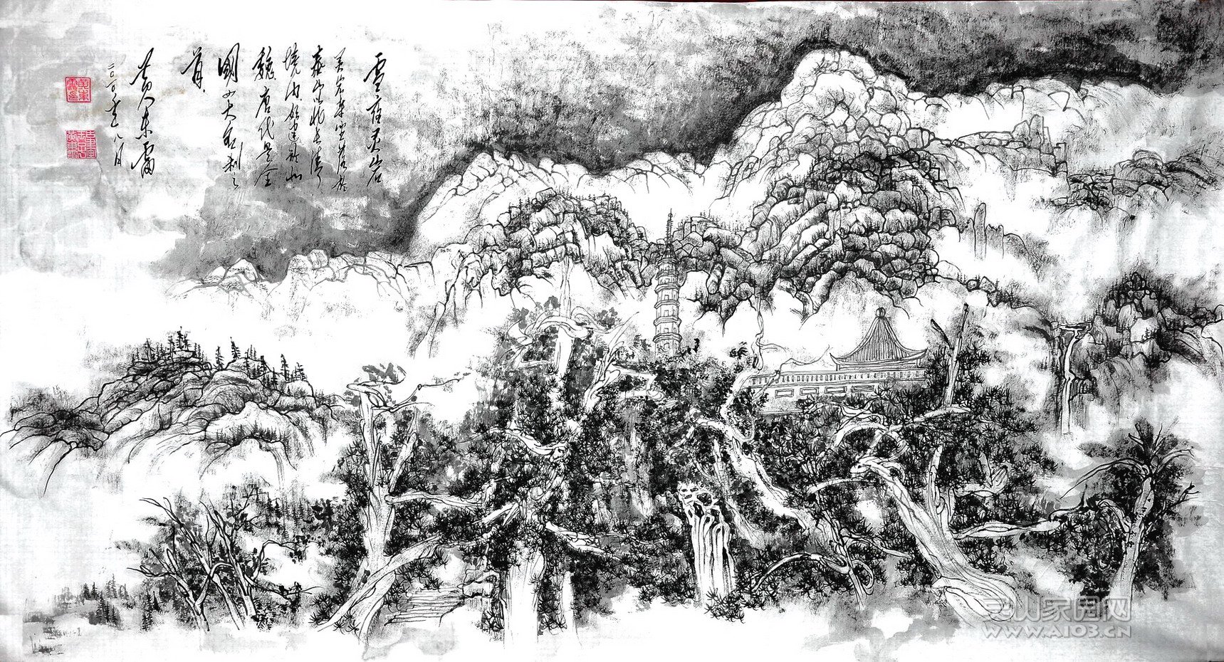 黄东雷水墨画-《雪夜灵岩》.JPG