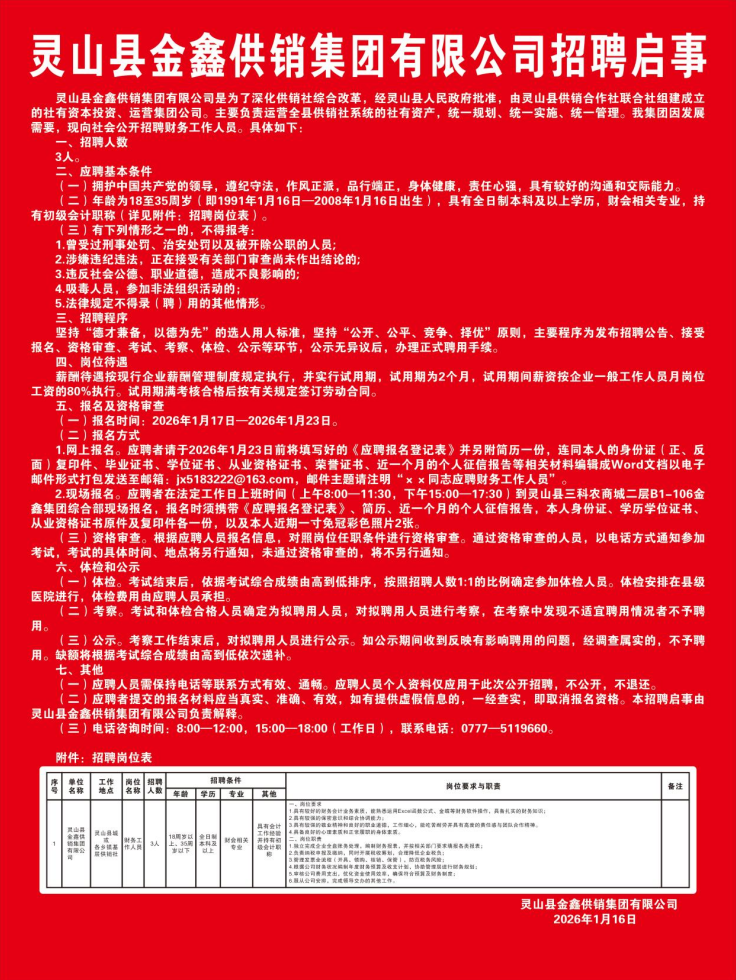 灵山县金鑫供销集团有限公司招聘财务工作人员